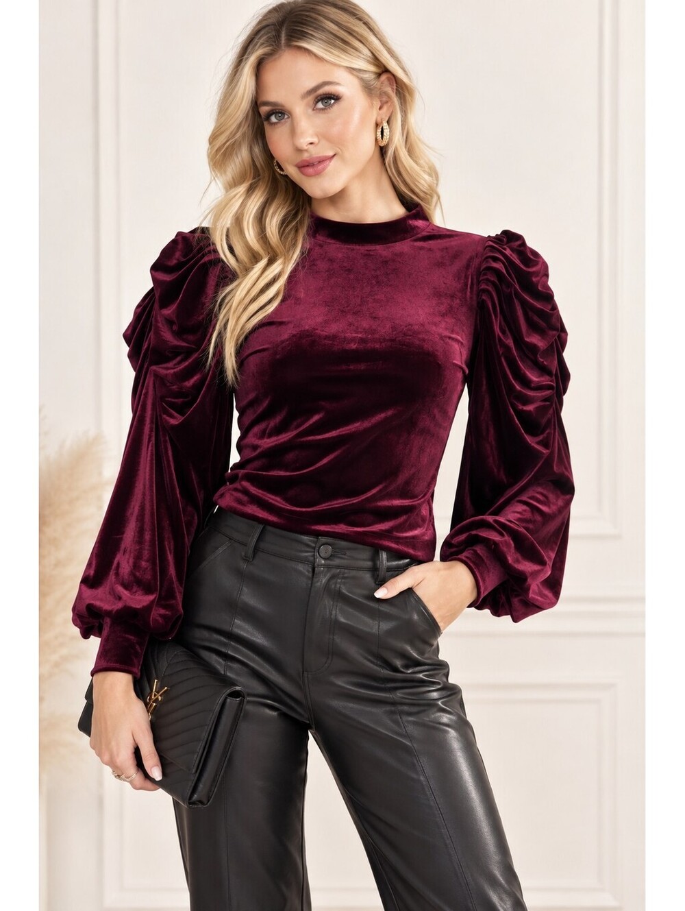 $199 Wine Burgundy Velvet Puff Sleeve Top Ruched Mock Neck Blouse Women’s Size M